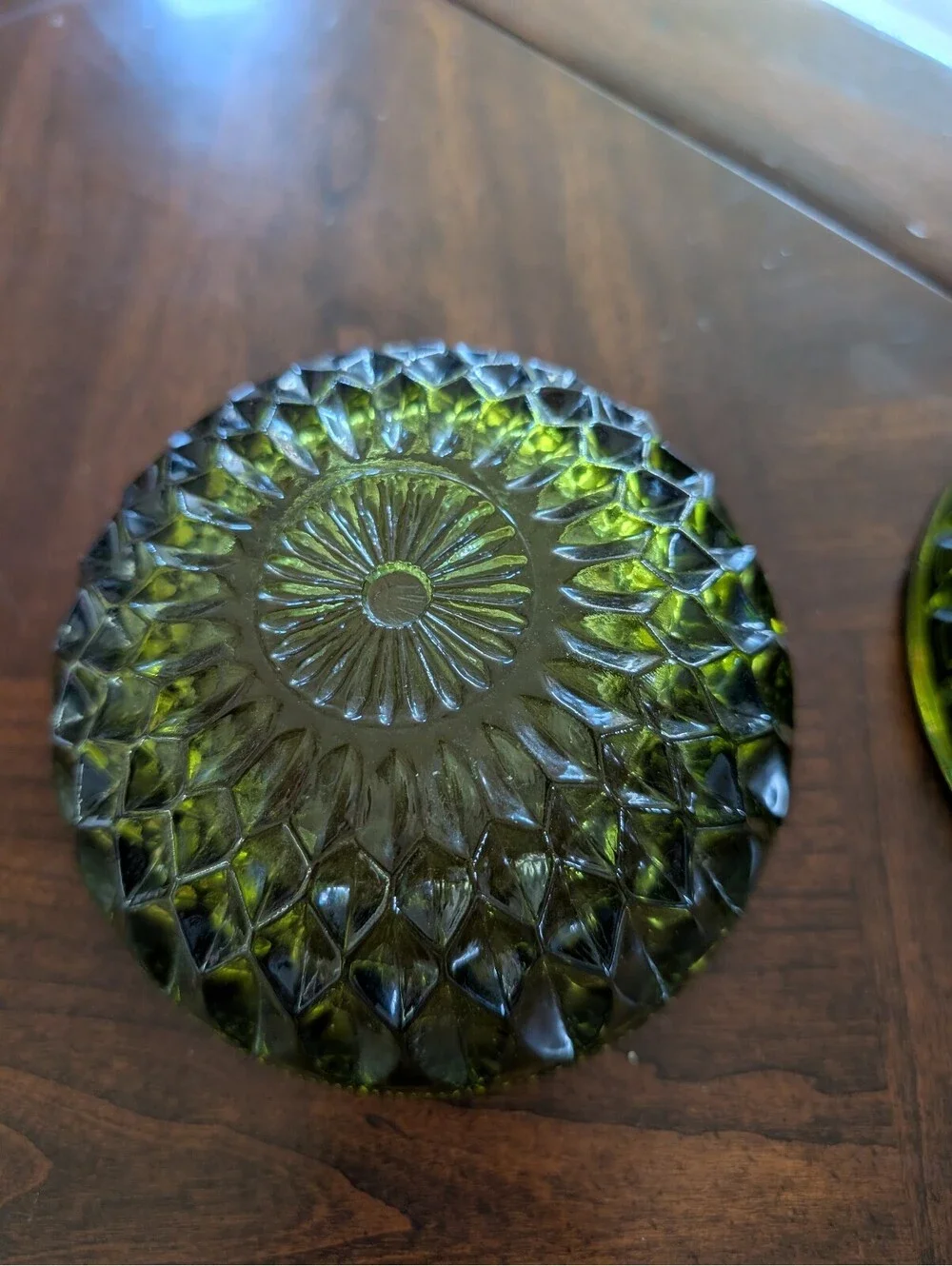 Vintage Indiana Glass Co. Mount Vernon Green Cut Glass Candy Dish | Olive Green
